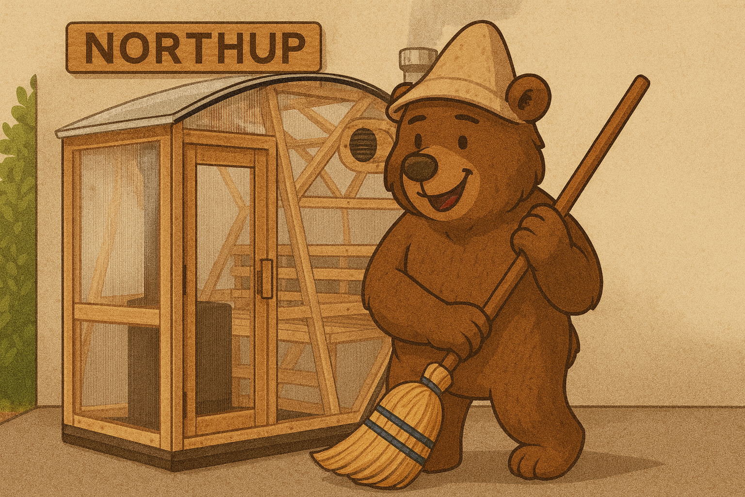 Cartoon style image of a bear cleaning outside of a NorthUp curve sauna 