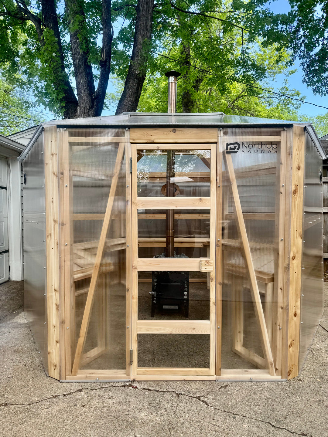 Front view of exterior of NorthUp Hex sauna