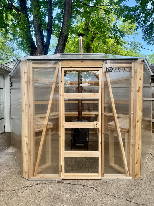 Front view of exterior of NorthUp Hex sauna