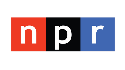 NPR logo with red, black, and blue squares on a green background