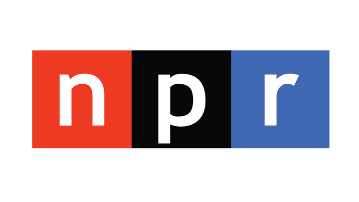NPR logo with red, black, and blue squares on a green background
