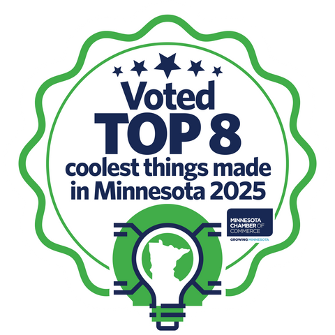 Badge with 'Voted Top 8 Coolest Things Made in Minnesota 2025' text and a light bulb graphic on a white background.