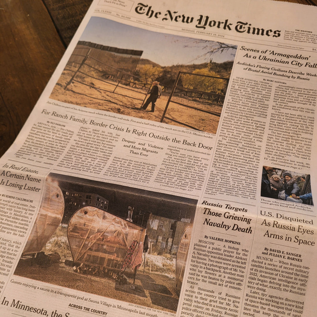 New York Times newspaper front page featuring people using a NorthUp Curve XL sauna.
